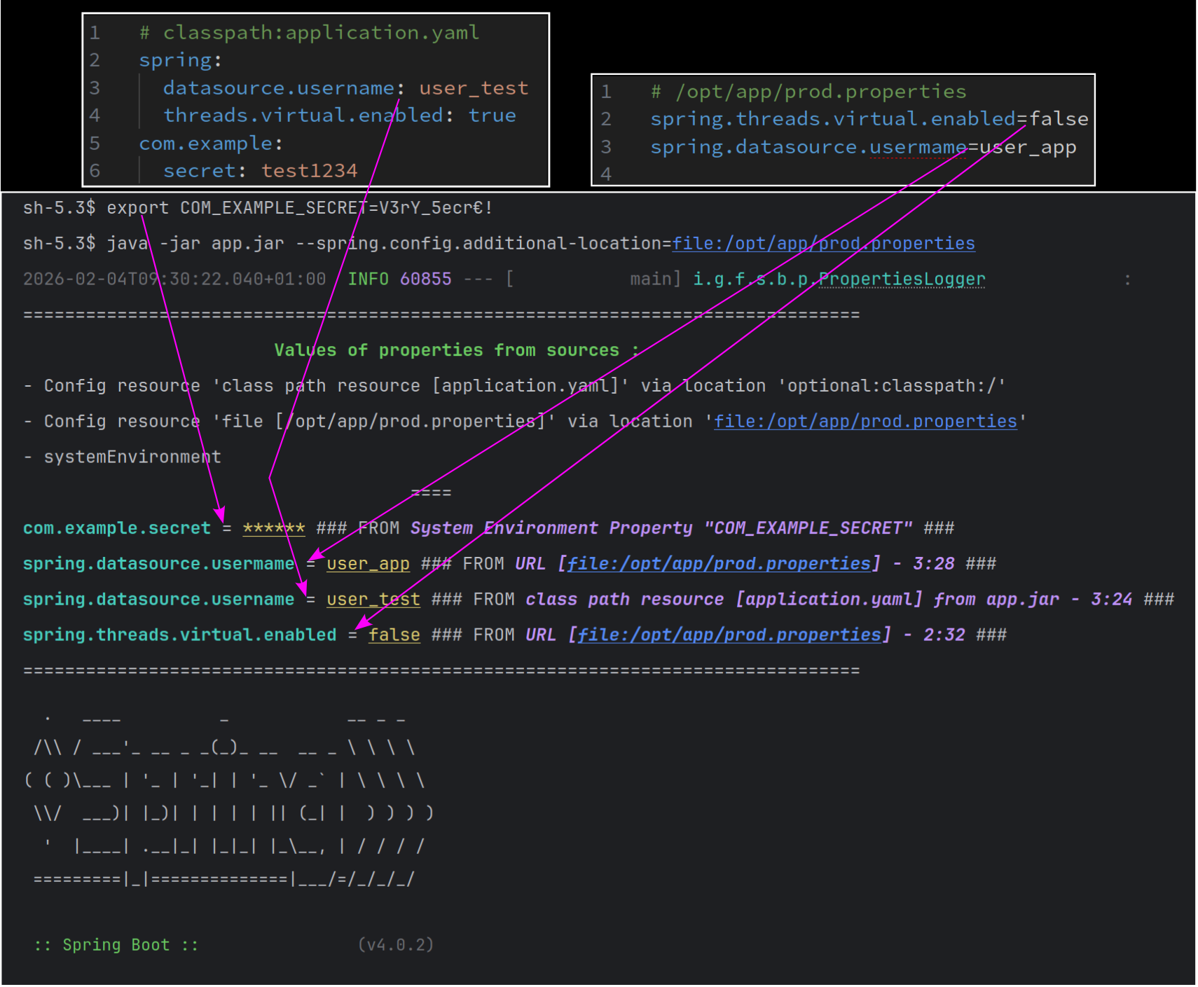 Illustration de l’affichage des propriétés avec leur origine